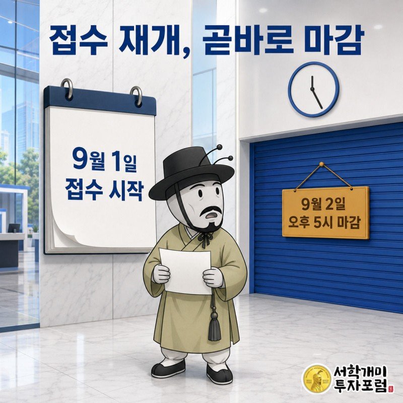 신한은행 로비에서 9월 1일 접수를 시작한 개미가 곧바로 9월 2일 오후 5시 마감 팻말이 걸리는 것을 지켜보는 모습