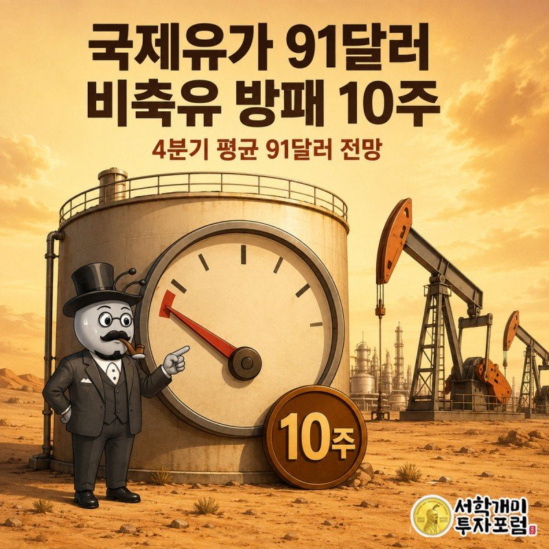 사막 유전 배경에서 부자개미가 거의 빈 전략비축유 게이지 바늘과 10주 숫자를 보고 놀라는 모습