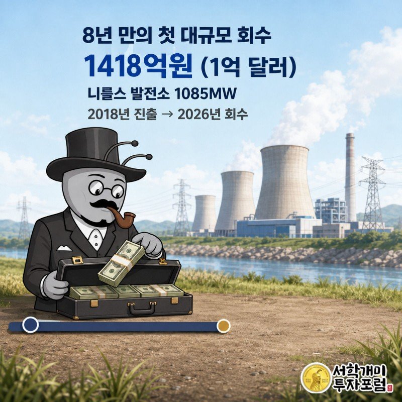 부자개미가 니를스 발전소를 배경으로 서류가방에서 달러 다발을 꺼내며 2018년부터 2026년까지의 타임라인을 보여주는 모습