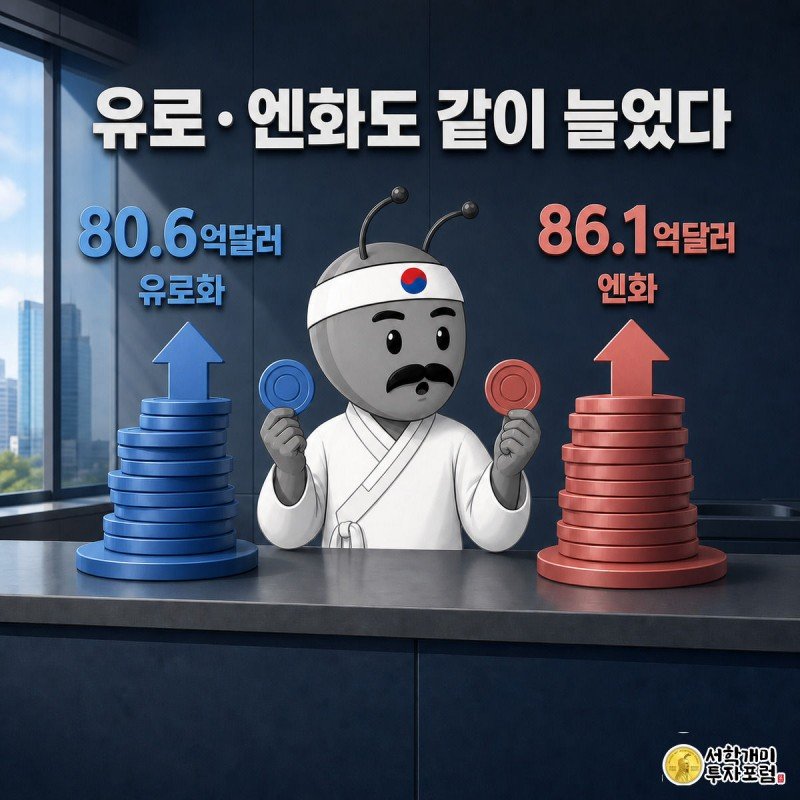 환전소 진열대에서 개미가 유로 동전탑과 엔화 동전탑을 양손에 든 배지와 함께 번갈아 살펴보는 그림