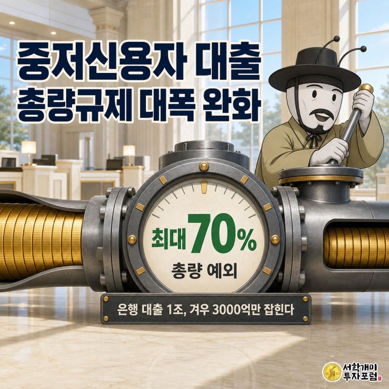 은행원 개미가 밸브 레버를 밀어 올려 중저신용자 대출 총량 예외 비율이 최대 70%로 커지는 모습을 표현한 삽화