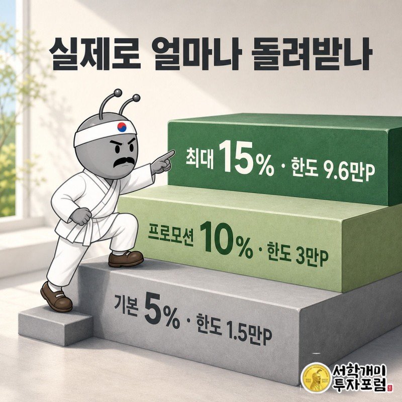카드만 쓸 때 5%에서 프로모션과 멤버십을 더할수록 15%까지 계단식으로 오르는 적립률을 보여주는 그림