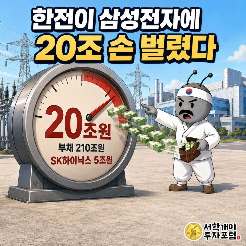 거대한 부채 게이지 앞에서 부자개미가 놀란 표정으로 전기요금 선납 요구를 바라보는 장면