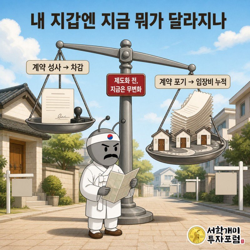 서민개미가 계약 성사와 계약 포기 상황을 좌우로 비교하는 저울 인포그래픽 삽화