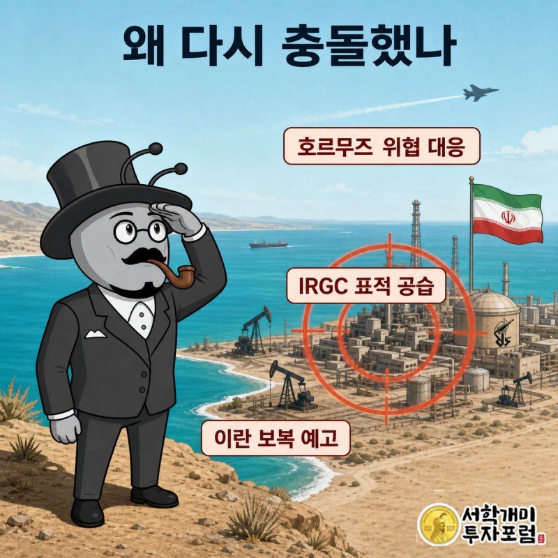 미 중부사령부가 이란혁명수비대 표적을 공습하는 장면을 올려다보는 서민개미 캐릭터
