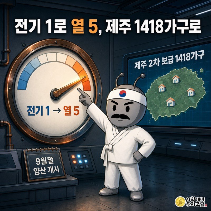 히트펌프 계기판 앞에서 개미 캐릭터가 전기 1의 5배에 달하는 열효율을 가리키며 설명하고, 옆 스크린에는 제주도 지도와 1418가구 숫자가 표시된 인포그래픽.