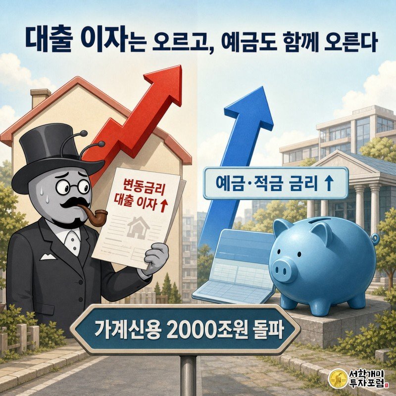 왼쪽 개미는 치솟는 대출 이자에 진땀을 흘리고 오른쪽 개미는 함께 오르는 예금 이자를 보며 안도하는 모습, 아래에는 가계신용 2000조원 돌파 표지판