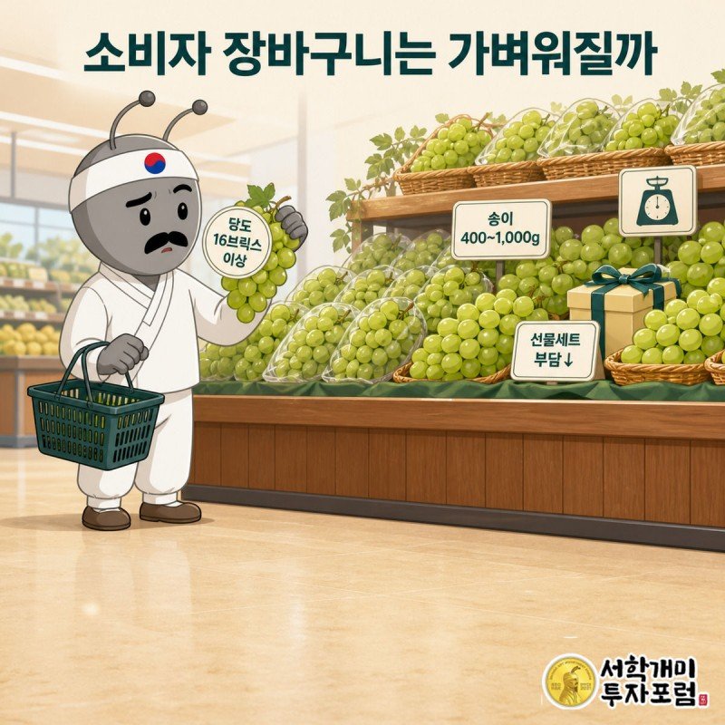 마트 진열대에서 샤인머스캣 당도 스티커를 확인하는 개미 캐릭터, 저렴해진 가격과 품위 기준을 함께 보여주는 장면