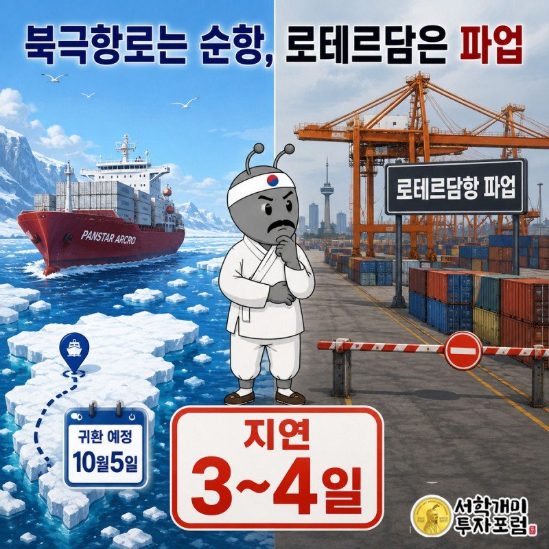 얼음바다를 순항하는 팬스타 아크로호와 파업으로 멈춰선 로테르담항을 좌우로 맞세운 장면에서 양반개미가 근심 어린 표정으로 양쪽을 번갈아 본다