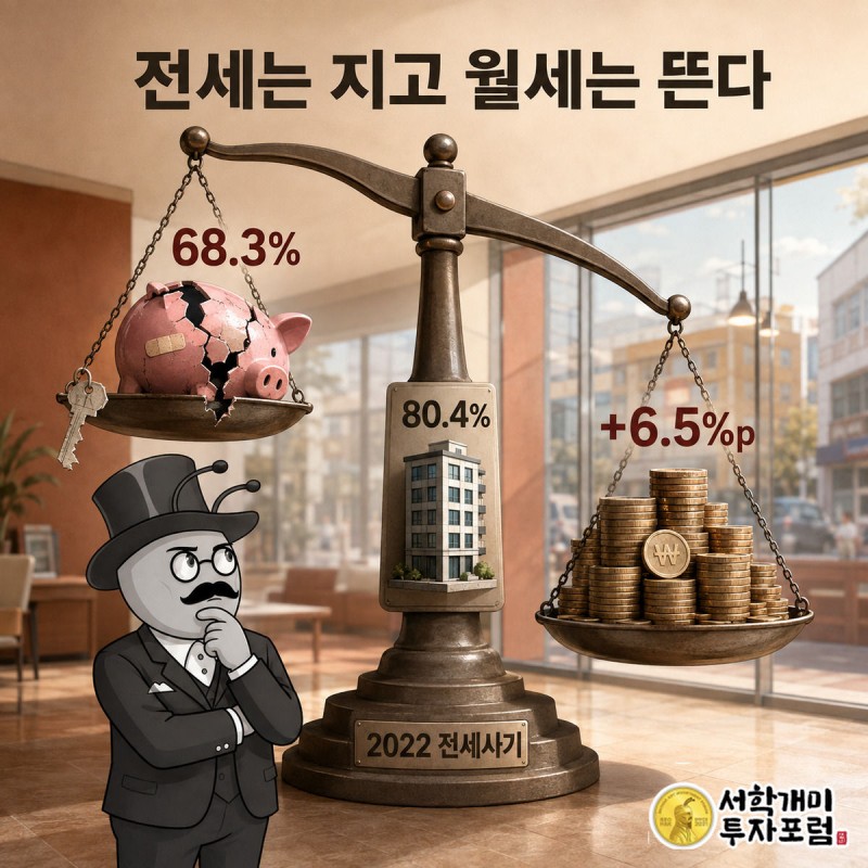 저울 위에서 금 간 돼지저금통이 놓인 전세 쪽은 뜨고 동전이 쌓인 월세 쪽은 가라앉는 모습을 서민개미가 지켜보는 그림