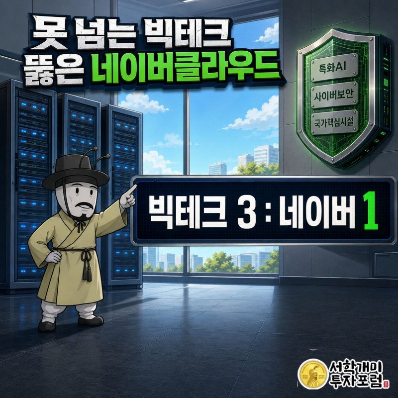 거대한 청회색 빅테크 서버타워와 그린 글로우 네이버클라우드 방패 사이에 선 개미가 결의에 찬 표정으로 네이버 쪽을 가리키는 그림