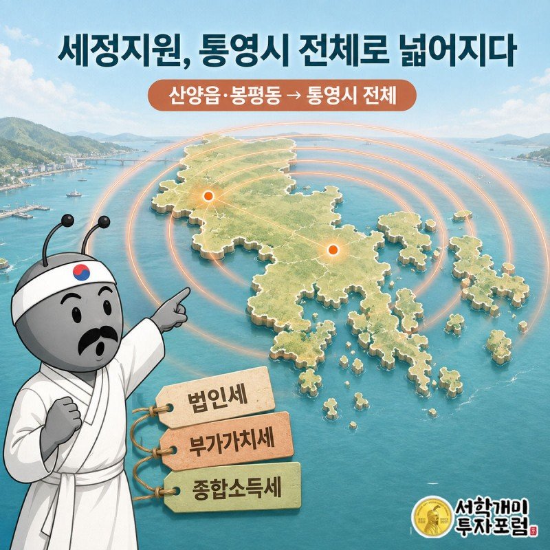 통영시 지도 위에서 산양읍과 봉평동의 빛이 도시 전체로 번지며 세정지원 대상이 확대되는 모습