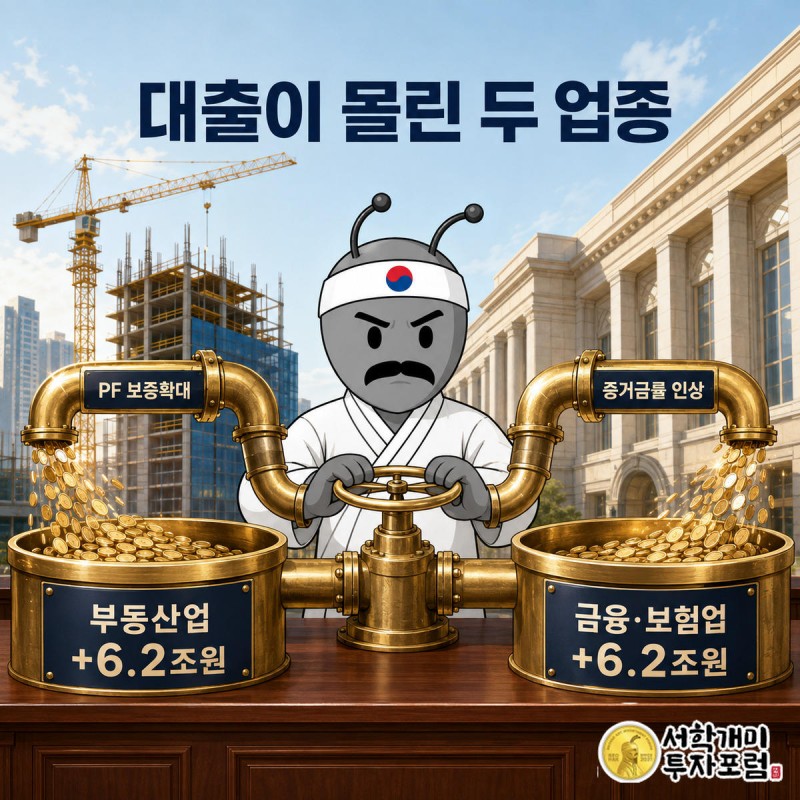 부자개미가 부동산업과 금융·보험업 두 저장고로 각각 6조2천억원씩 대출금이 쏟아지는 관 사이에서 밸브를 잡고 있는 모습