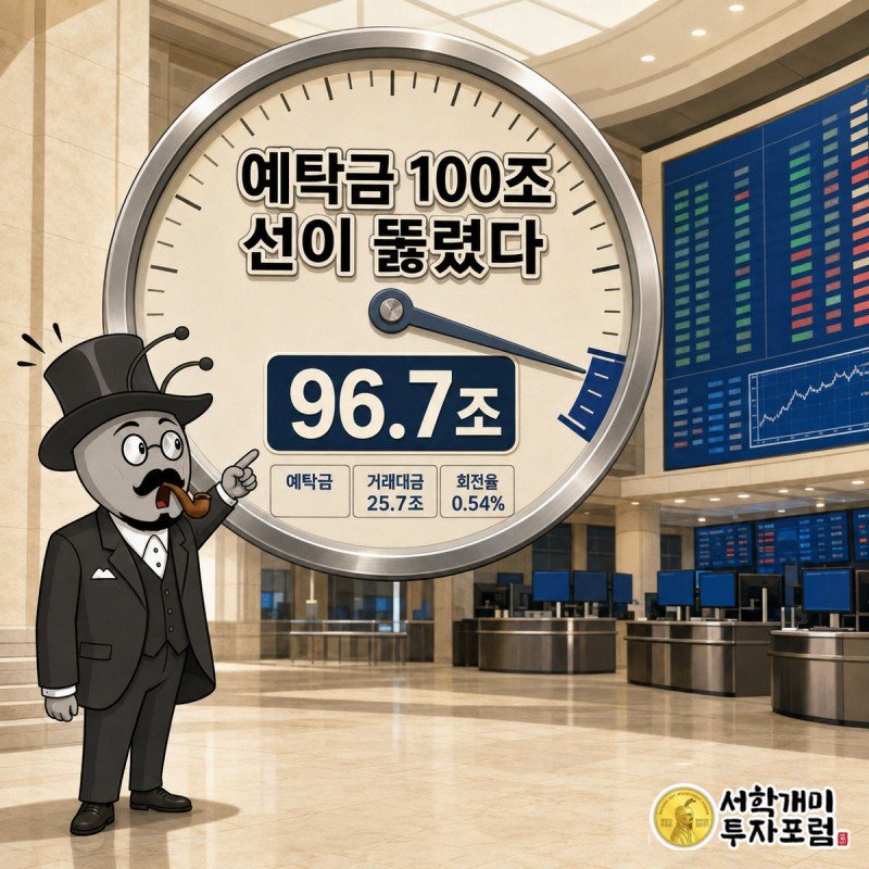 증권 객장을 배경으로 한 대형 게이지의 바늘이 100조원 경고선 아래 96조7000억원을 가리키고, 개미 캐릭터가 놀란 표정으로 그 바늘을 가리키는 그림
