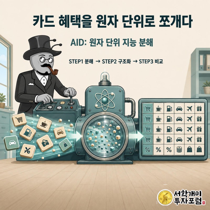 서민개미가 흩어진 카드 조건 조각을 원자 모양 블록으로 분해해 비교표 격자에 끼워 맞추는 모습
