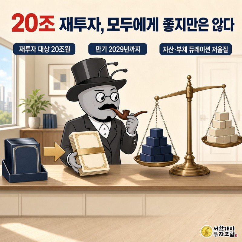 왼쪽 보험사 개미는 만기 채권을 새 채권으로 바꾸며 기뻐하고 오른쪽 보험사 개미는 자산과 부채가 기운 저울을 신중히 살피는 대비 장면