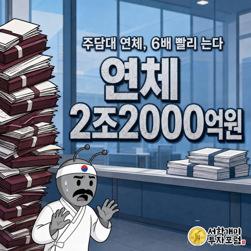 은행 창구에서 완만히 쌓인 대출 서류 더미와 달리 가파르게 치솟는 연체 서류 더미를 보고 서민개미가 놀라는 모습
