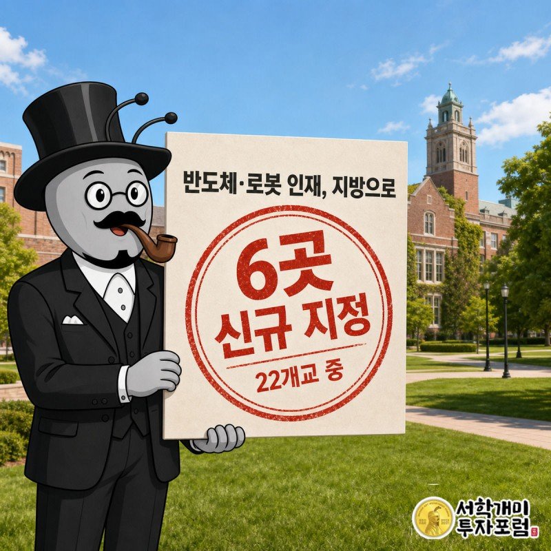 관보 고시 문서에 다홍색 지정 도장이 찍혀 있고 서민개미가 놀란 표정으로 문서를 들여다보는 그림