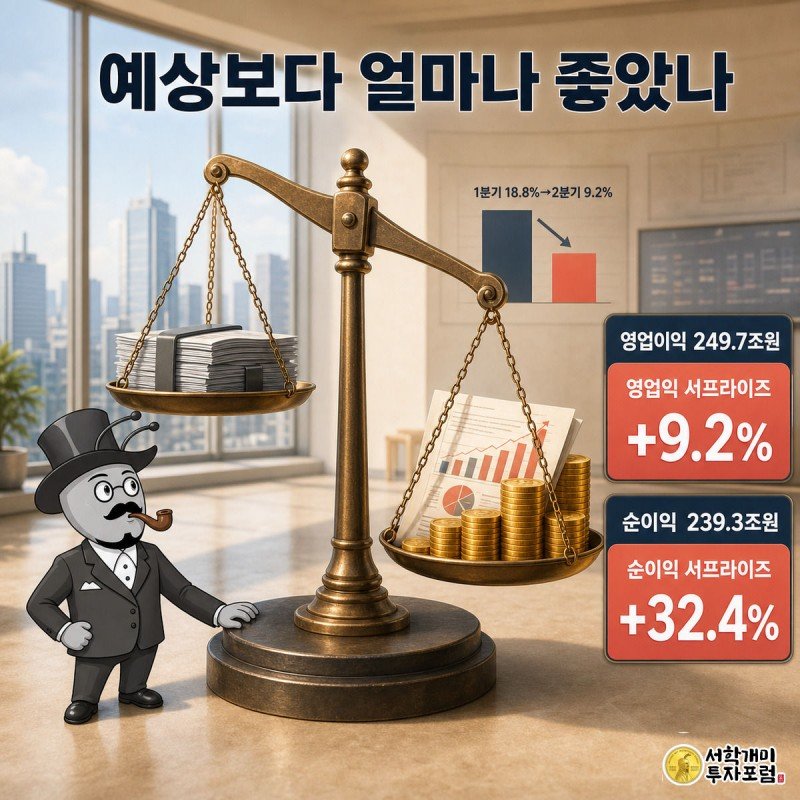 저울 오른쪽 실제 실적 접시가 왼쪽 컨센서스 접시보다 훨씬 무겁게 내려앉은 것을 개미가 놀라며 올려다보는 장면