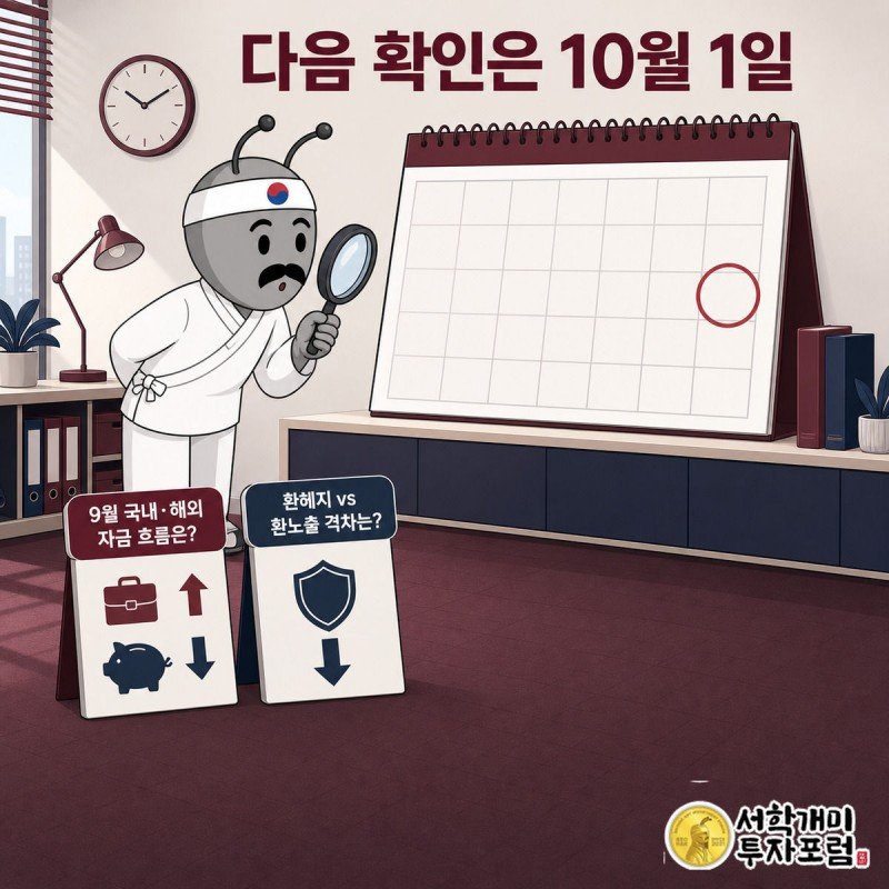 돋보기를 든 개미가 10월 1일에 동그라미 친 달력을 보며 궁금해하고 앞에 물음표 카드 두 장이 놓여 있다