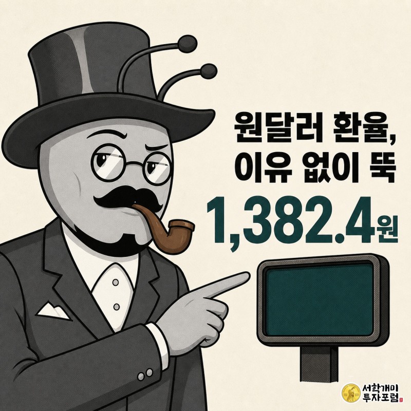 원달러 환율 하락 소식에 의아한 표정을 짓는 개미 캐릭터와 1,382.4원이라는 숫자가 화면 중앙에 크게 표시된 커버 이미지