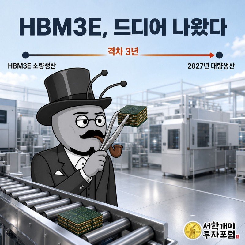 개미가 컨베이어벨트에서 HBM3E 칩을 집게로 들어 살피고 뒤에는 2024년부터 2027년 타임라인이 걸려 있다