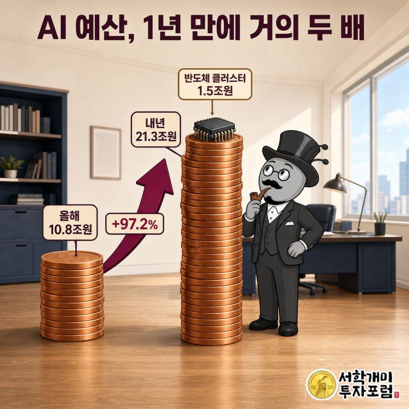 올해와 내년 AI·메가프로젝트 예산 동전탑 높이를 비교하며 부자개미가 흐뭇해하는 그림