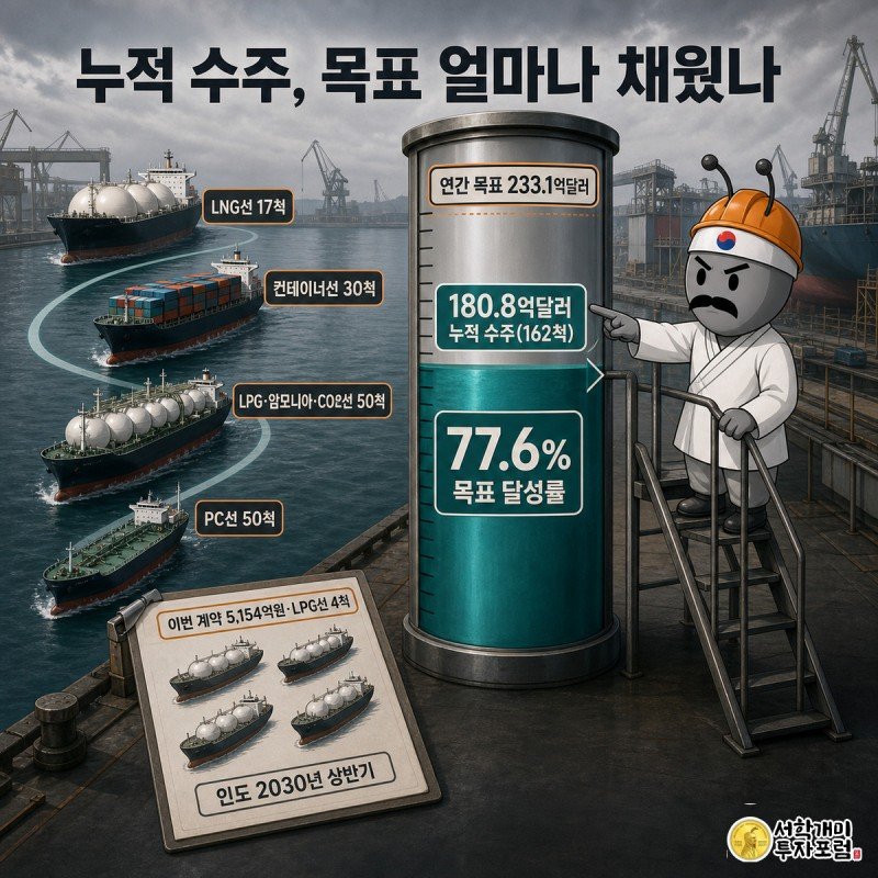 대형 진행 눈금판 앞 사다리 위에서 개미가 77.6% 지점을 가리키는 그림