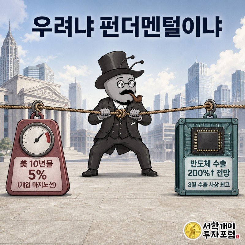 부자개미와 서민개미가 밧줄을 당기며 한쪽은 금리 우려와 10년물 5%를, 반대쪽은 반도체 수출 200% 증가 전망을 상징하는 그림
