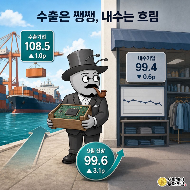 왼쪽 항구에서 웃으며 반도체 기판을 든 개미와 오른쪽 매장에서 팔짱 끼고 걱정하는 개미가 수출과 내수의 격차를 보여준다
