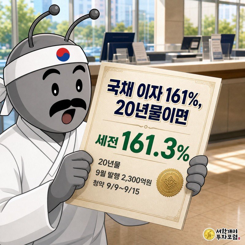 개미가 금박 인장이 찍힌 20년물 국채 증서를 두 손으로 들어올리며 놀란 표정을 짓고 있고, 증서 위에 세전 161.3%라는 숫자가 에메랄드 그린 배지로 떠 있다.