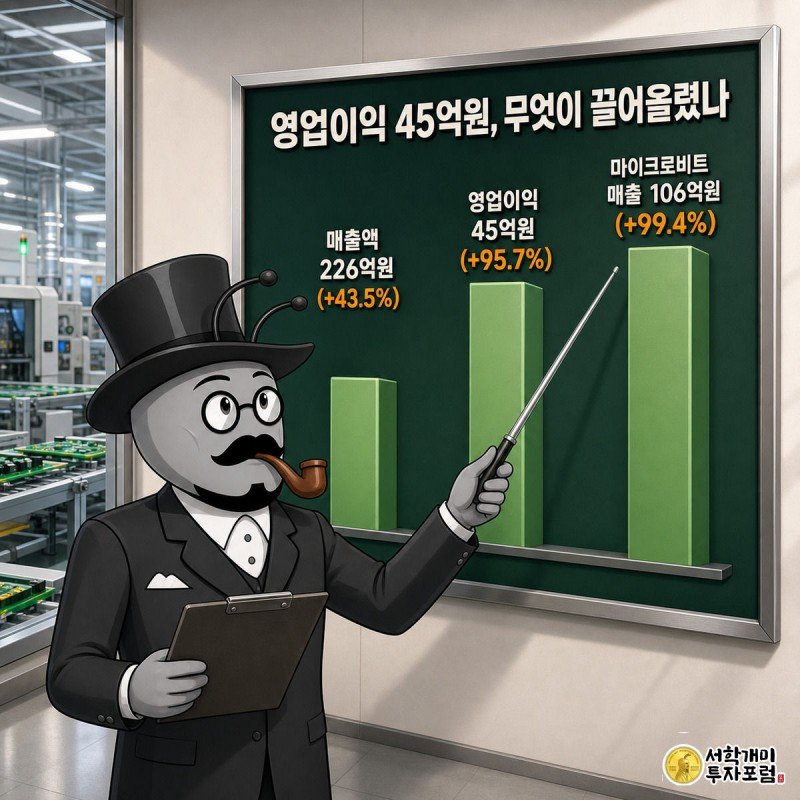 개미 애널리스트가 공장 벽면의 막대그래프에서 가장 높이 솟은 마이크로비트 매출 막대를 가리키며 놀라는 모습