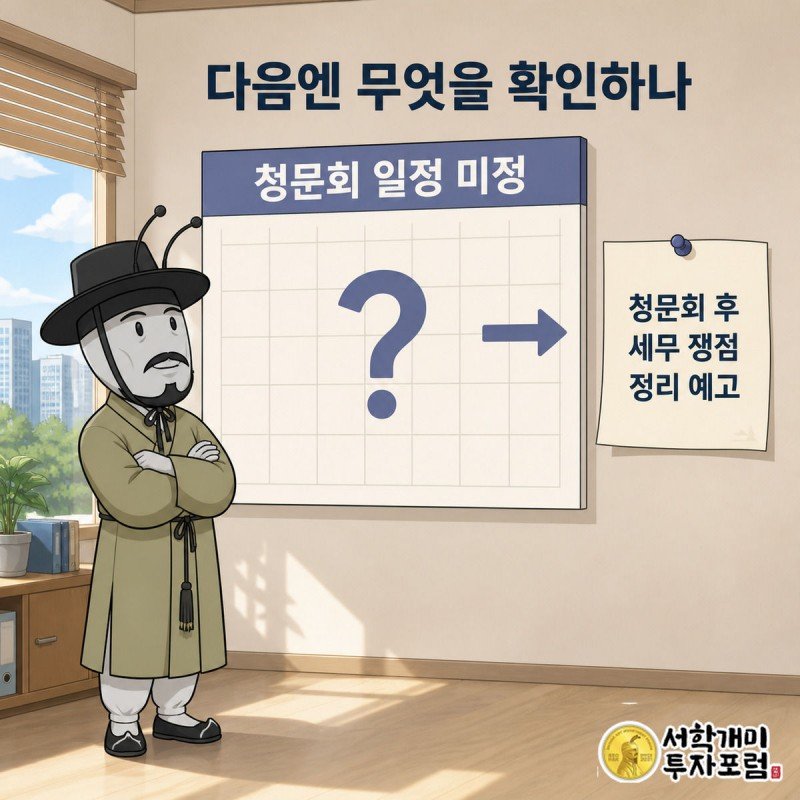 양반개미가 청문회 날짜 칸에 물음표만 그려진 달력을 근심스러운 표정으로 올려다보는 그림.