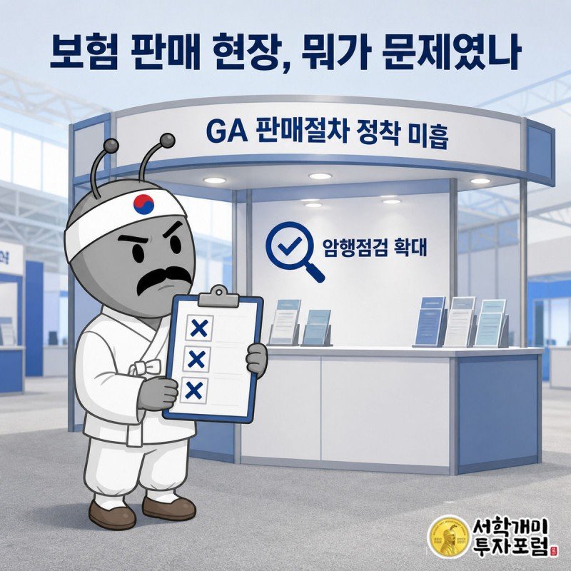 박람회 부스 앞에서 개미가 보험 불법영업 체크리스트를 확인하는 모습