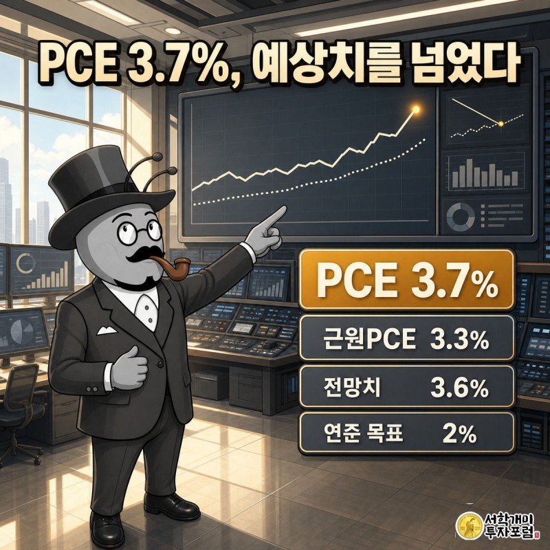 경제 뉴스룸 대형 스크린에서 PCE 물가지수 선이 점선 전망치를 뚫고 올라가는 것을 정장 차림 개미가 놀란 표정으로 가리키는 그림