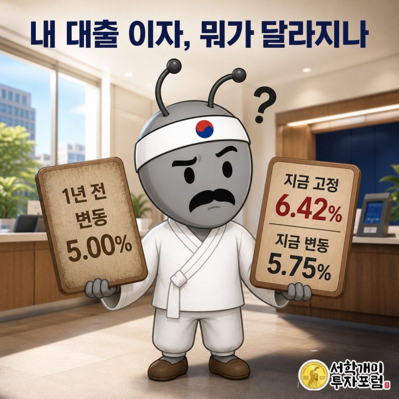 서민개미가 1년 전과 지금의 고정형·변동형 금리를 적은 팻말을 양손에 들고 비교하며 헷갈려하는 모습