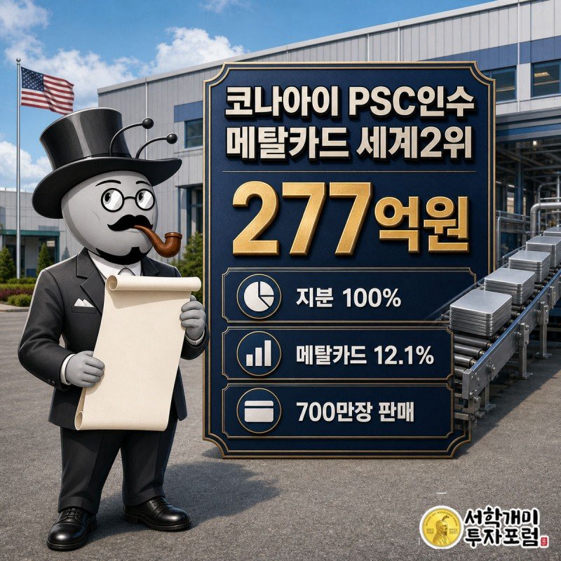 부자개미가 인수 계약서를 들고 뉴저지 PSC 공장 앞에서 자신감 있게 웃고 있고, 화면에는 277억원 인수 금액과 메탈카드 세계 2위라는 문구가 표시된 그림