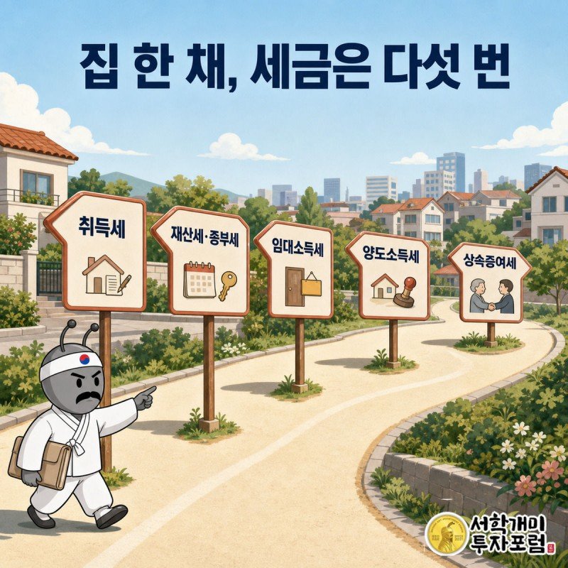 부자개미가 도로 위 다섯 이정표를 짚으며 매입부터 상속까지 부동산 세금 다섯 구간을 확인하는 모습