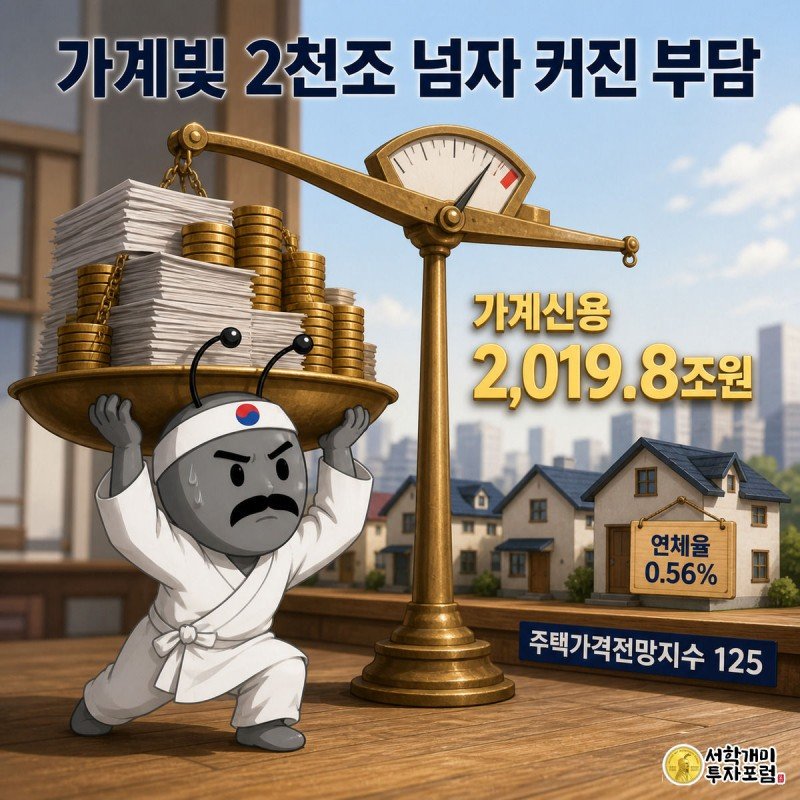 대출 서류와 동전으로 이루어진 저울을 낑낑대며 떠받치는 개미와 2천조원을 넘어선 눈금