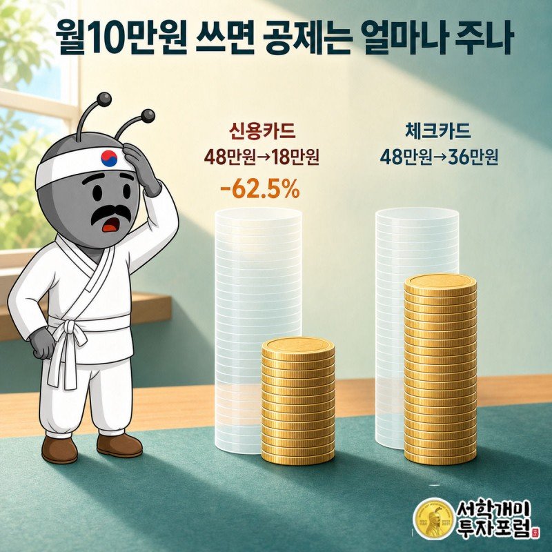 신용카드와 체크카드 동전 기둥이 나란히 서서 공제 대상액이 각각 얼마나 줄었는지 비교하는 모습, 서민개미가 신용카드 기둥을 보고 놀란 표정을 짓는다