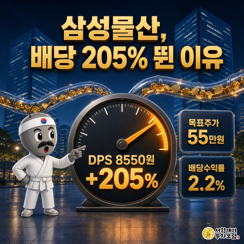 삼성물산 배당 게이지 바늘이 205% 지점을 가리키며 개미가 놀라는 모습, 목표주가 55만원 배지가 함께 표시된 일러스트