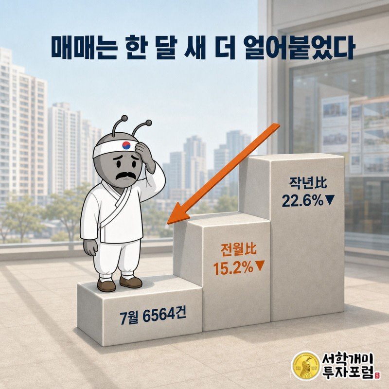 계단식으로 낮아지는 매매거래량 막대 위에서 서민개미가 낭패한 표정으로 내려다보는 인포그래픽