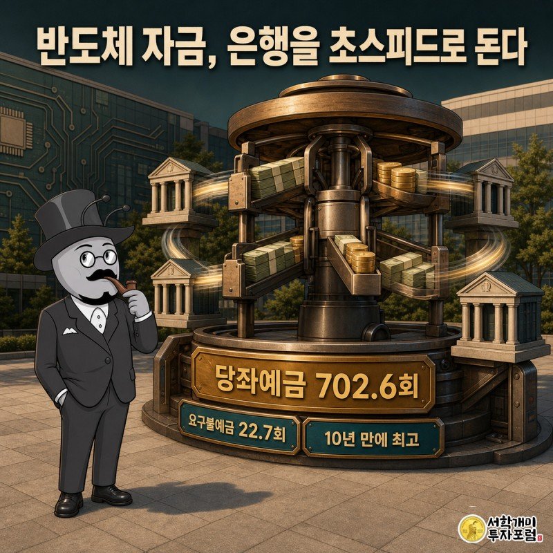 반도체 캠퍼스 앞에서 정장을 입은 개미가 여러 은행 사이를 빠르게 오가는 돈다발 회전문을 놀란 표정으로 지켜보며 당좌예금 회전율 702.6회 수치가 강조된 이미지