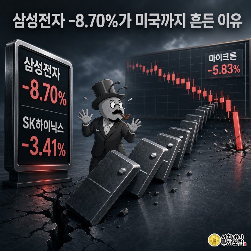 삼성전자와 SK하이닉스 급락 시세판에서 시작된 균열이 도미노처럼 이어져 뉴욕 반도체 캔들차트를 무너뜨리고 개미가 낙담하는 장면