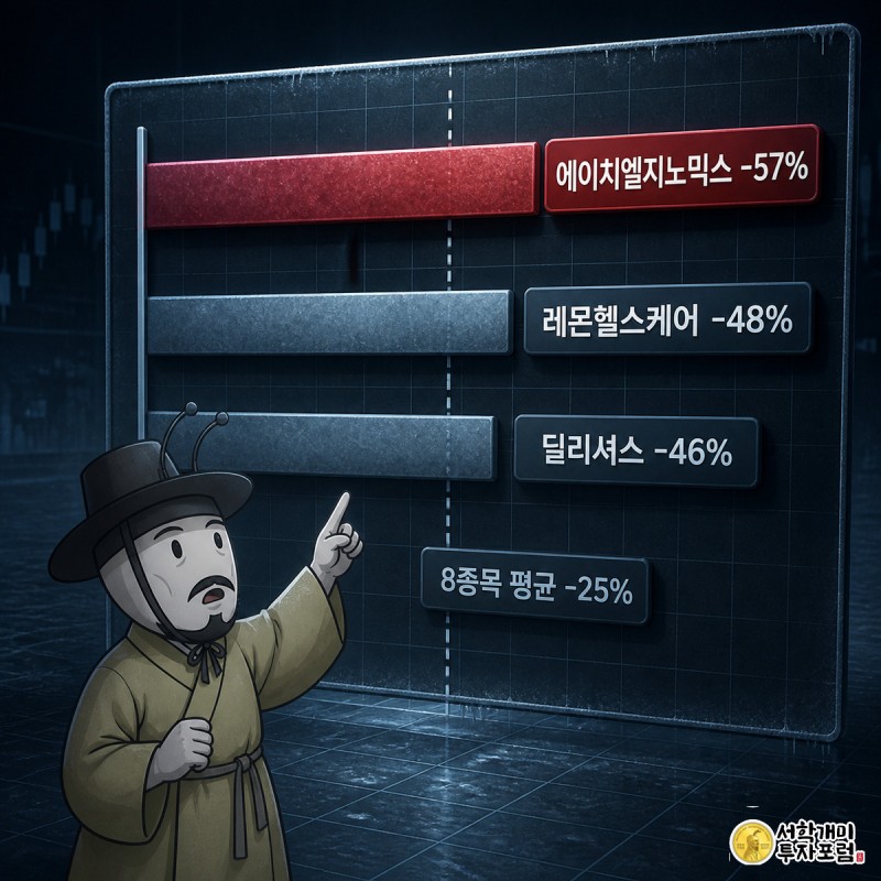 개미가 신규상장 종목별 낙폭을 보여주는 순위 막대 그래프 앞에서 가장 큰 하락 막대를 놀란 표정으로 가리키는 정보 일러스트
