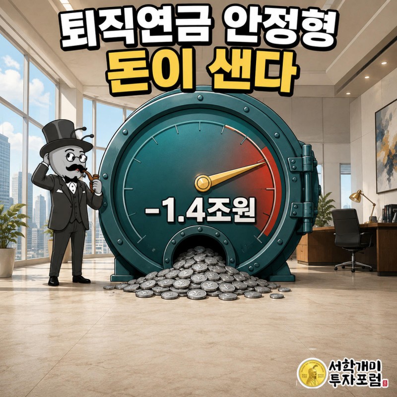 대형 게이지 바늘이 순유출 구간을 가리키고 금고에서 동전이 새어나가는 것을 개미가 낭패한 표정으로 바라보는 그림