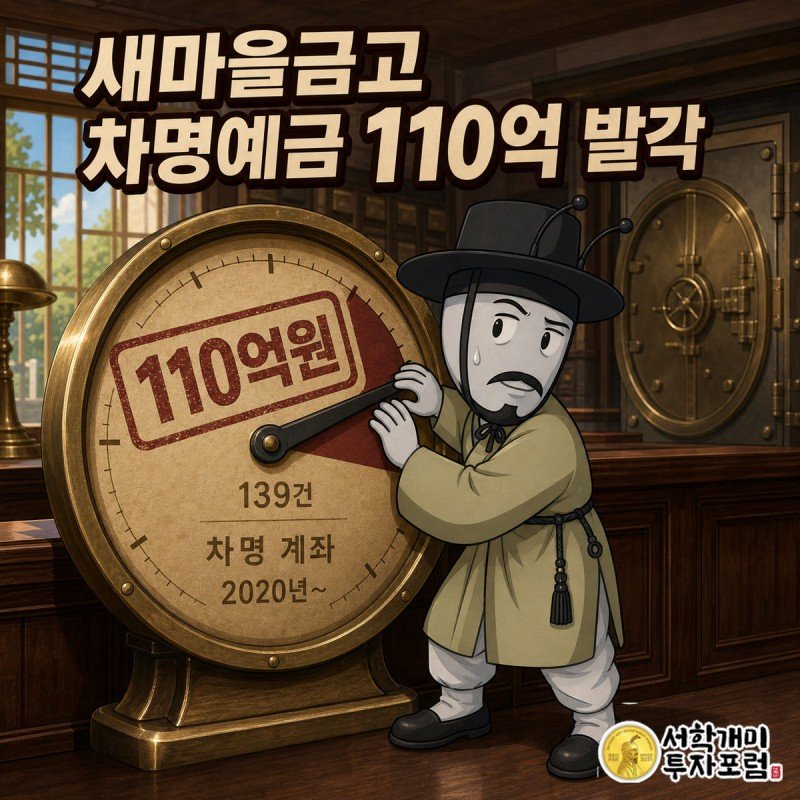 신협 창구를 배경으로 부자개미 캐릭터가 계기판 바늘을 몰래 돌리며 곁눈질하고, 화면 가운데 110억원 숫자와 139건 라벨이 도장 배지로 표시된 커버 이미지