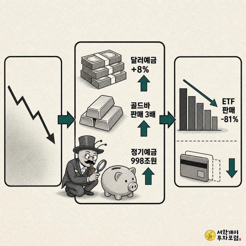 환율 하락을 원인으로 달러예금·골드바·정기예금은 늘고 ETF 판매와 마이너스통장은 줄어드는 흐름을 화살표로 이은 3분할 코믹 패널, 각 컷에 증감률 숫자 카드가 붙어 있다.