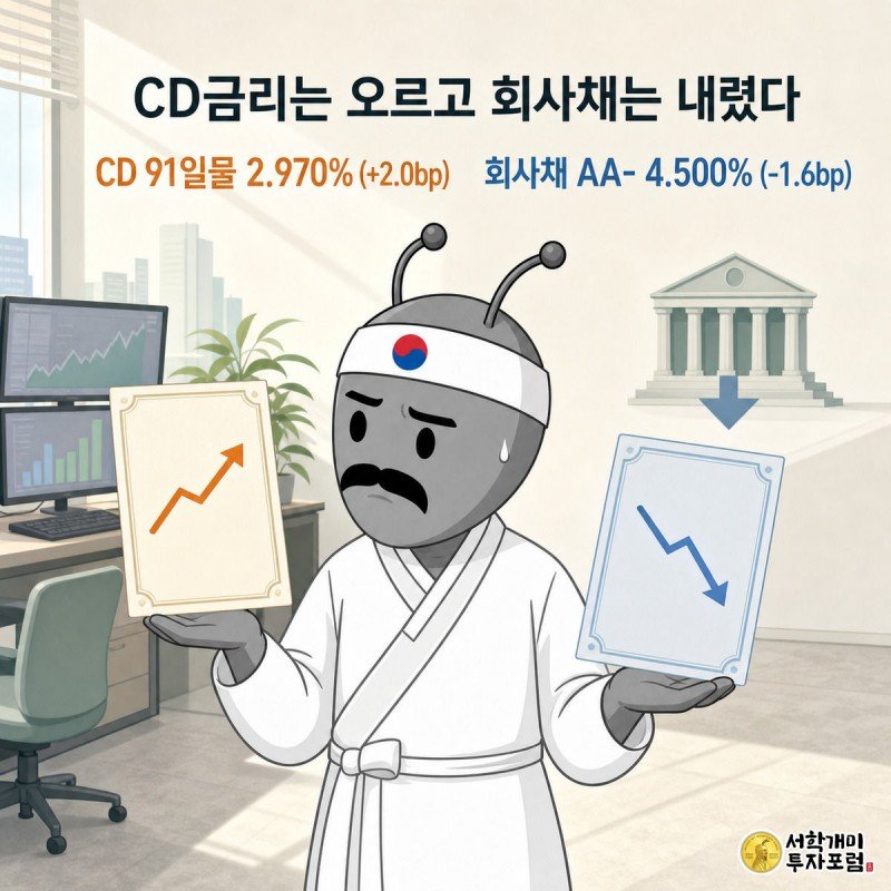 CD 91일물 금리는 오르고 회사채 AA- 등급 금리는 국고채와 같은 방향으로 내린 것을 개미가 양손에 증서를 들고 비교하는 모습으로 표현한 이미지