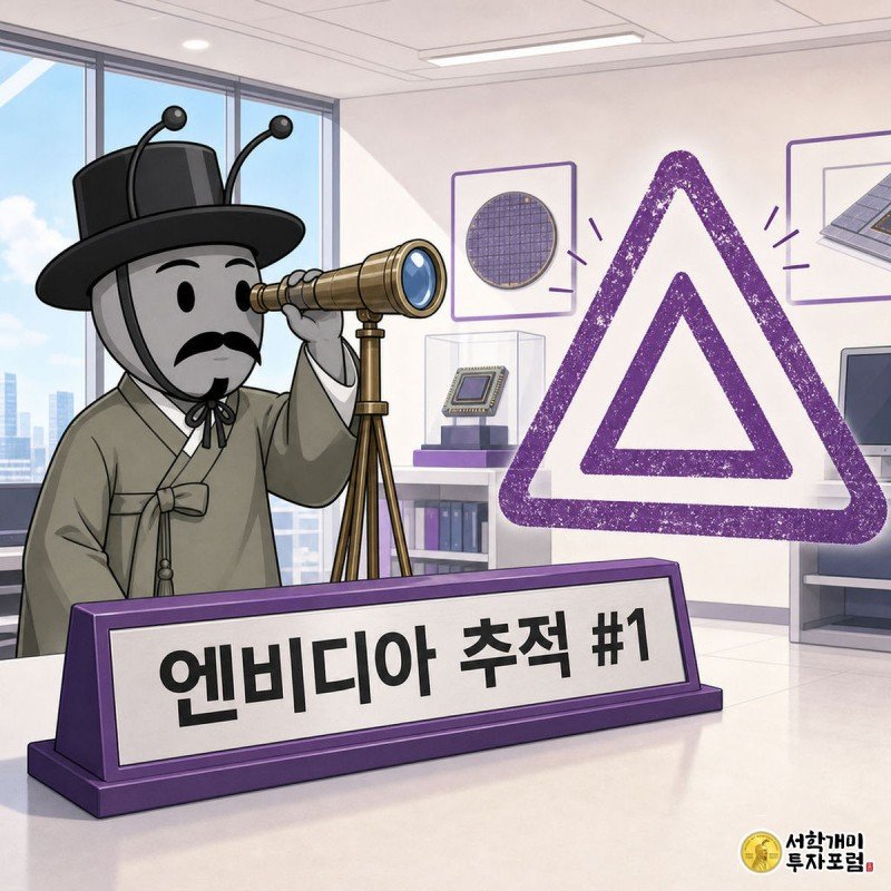 [엔비디아 추적 #1] 실적발표일 하락 징크스, 106% 실적에도 깨졌나 — 지배: 시리즈 공통 프레임 — 상단 문패 &#034;엔비디아 추적 #1&#034; + 채점 스탬프 「△」가 크게 (O/X/△ 중)